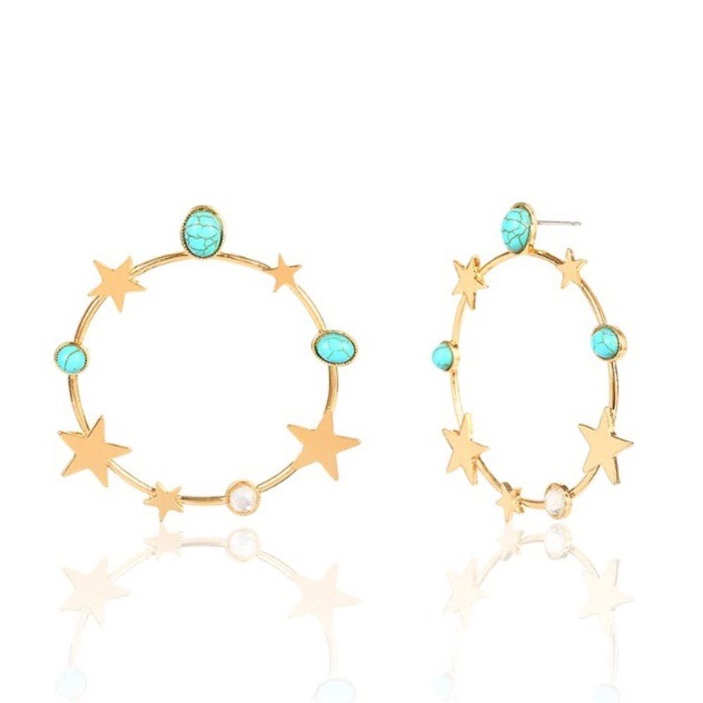 Celestial Star Turquoise Crystal Gold Tone Constellation Hoop Earrings NWT